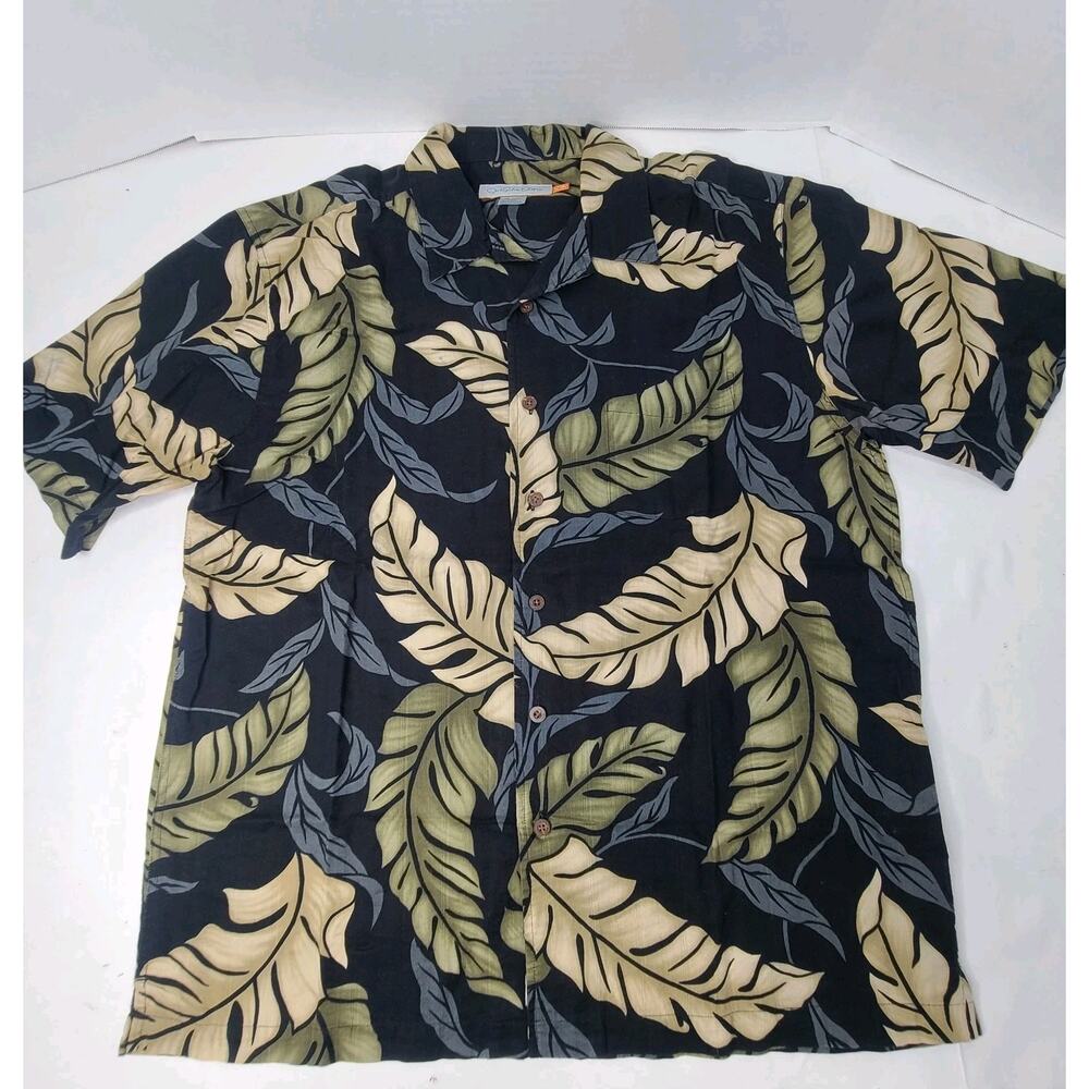 Quicksilver Men’s Black Hawaiian Aloha Shirt L Leaf Print Button Front Casual